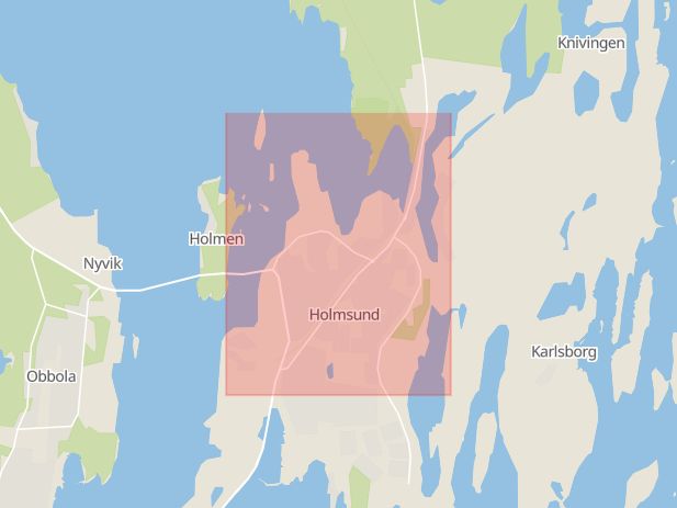 Karta som med röd fyrkant ramar in Holmsundsvägen, Högsta, Umeå, Västerbottens län