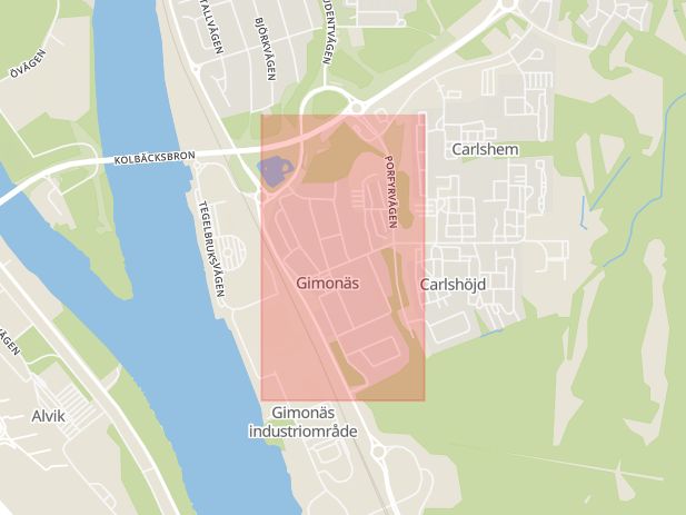 Karta som med röd fyrkant ramar in Gimonäs, Umeå, Västerbottens län