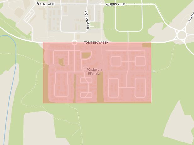 Karta som med röd fyrkant ramar in Tomtebo, Vättarnas Allé, Täfteå, Umeå, Västerbottens län