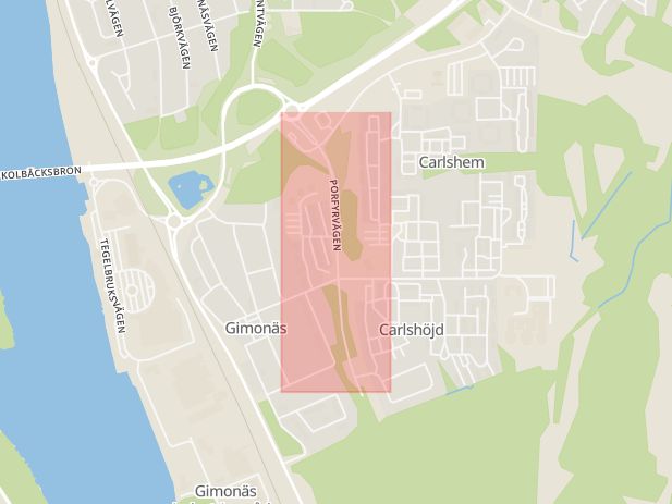 Karta som med röd fyrkant ramar in Carlshem, Porfyrvägen, Umeå, Västerbottens län