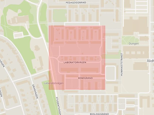 Karta som med röd fyrkant ramar in Ålidhem, Fysikgränd, Umeå, Västerbottens län
