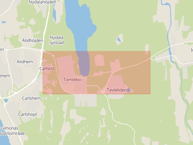 Karta som med röd fyrkant ramar in Ålidhem, Tomtebo, Umeå, Västerbottens län