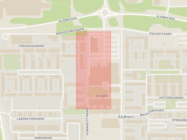 Karta som med röd fyrkant ramar in Ica Supermarket Ålidhem, Umeå, Examensvägen, Västerbottens län