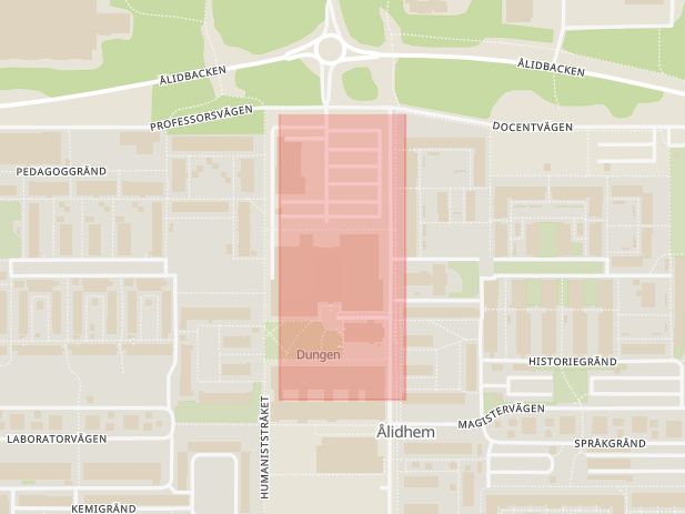 Karta som med röd fyrkant ramar in Ekonomstråket, Ålidhem, Umeå, Västerbottens län