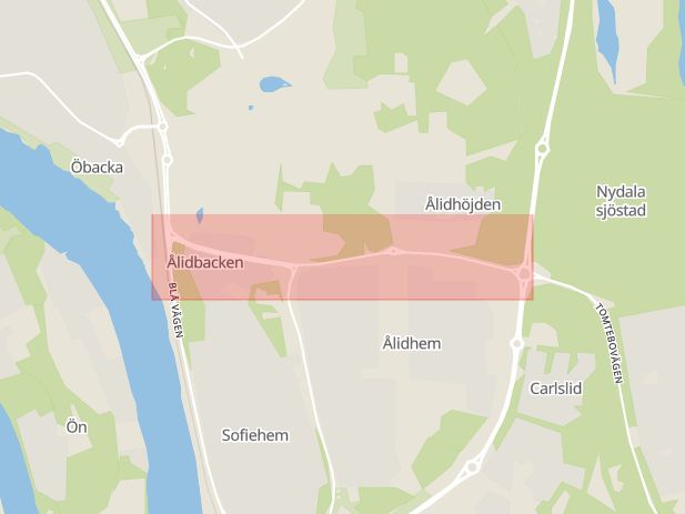 Karta som med röd fyrkant ramar in Ålidhem, Ålidbacken, Umeå, Västerbottens län