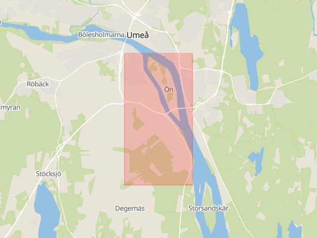 Karta som med röd fyrkant ramar in Norra Obbolavägen, Umeå, Västerbottens län