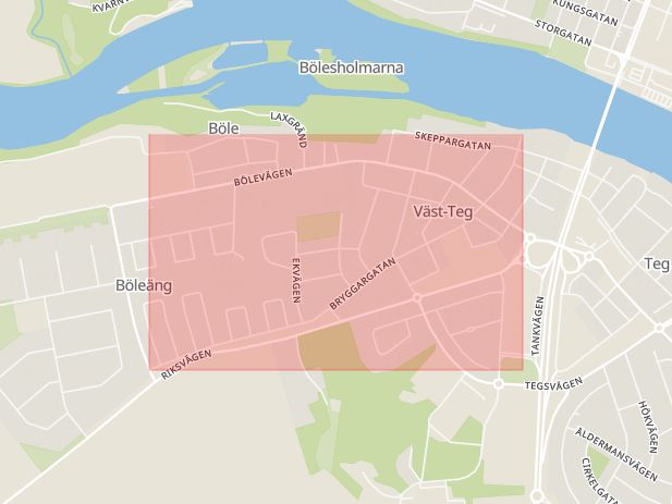 Karta som med röd fyrkant ramar in Bryggargatan, Tegsvägen, Umeå, Västerbottens län