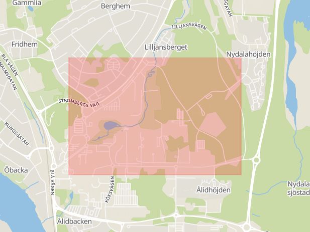 Karta som med röd fyrkant ramar in Västerbotten, Universitetsområdet, Umeå, Nydala, Petrus Laestadius Väg, Röda Korset, Regna, Vila, Västerbottens län