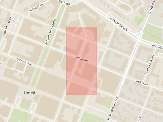 Karta som med röd fyrkant ramar in Umeå, Ersboda, Skellefteå, Kågevägen, Ålidhem, Lycksele, Nordmaling, Berghem, Vasaplan, Storuman, Västerbottens län