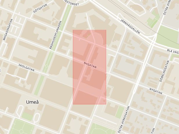 Karta som med röd fyrkant ramar in Vasaplan, Umeå, Västerbottens län