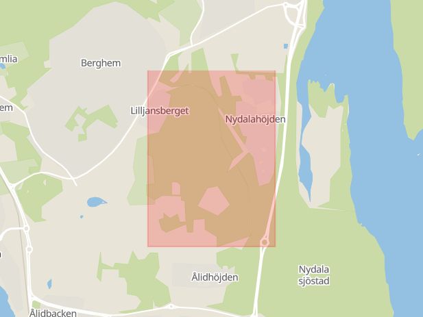 Karta som med röd fyrkant ramar in Glaciärvägen, Lilljansvägen, Universitetsområdet, Umeå, Västerbottens län
