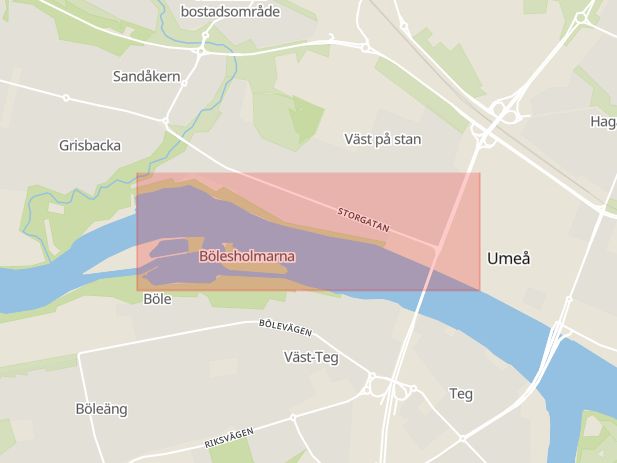Karta som med röd fyrkant ramar in Nydalasjön, Strandpromenaden, Umeå, Västerbottens län