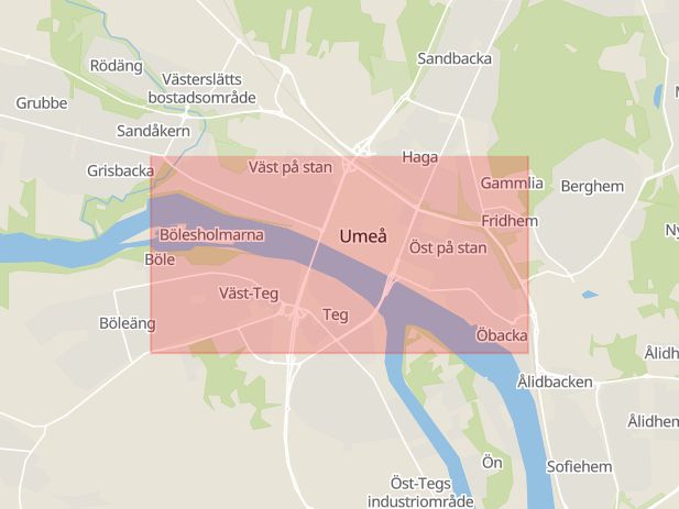 Karta som med röd fyrkant ramar in Östra Ersboda, Kolbäcksvägen, Mejerivägen, Storgatan, Umeå, Västerbottens län