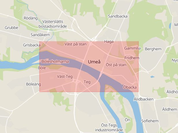 Karta som med röd fyrkant ramar in Dorotea, Storgatan, Umeå, Stöcksjö, Nordmaling, Brattfors, Västerbottens län