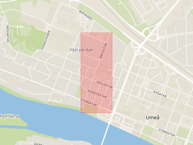 Karta som med röd fyrkant ramar in Brogatan, Väst På Stan, Umeå, Västerbottens län