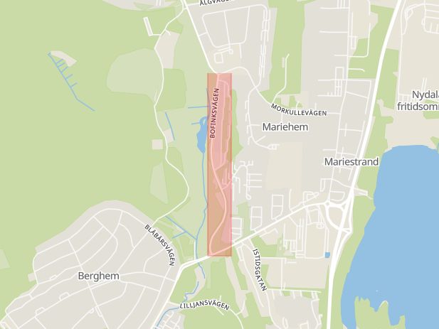 Karta som med röd fyrkant ramar in Bofinksvägen, Umeå, Västerbottens län