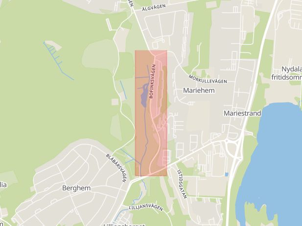 Karta som med röd fyrkant ramar in Mariehem, Bofinksvägen, Umeå, Västerbottens län