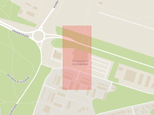 Karta som med röd fyrkant ramar in Kronoparken, Umeå, Västerbottens län