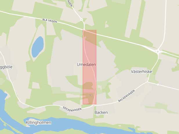 Karta som med röd fyrkant ramar in Umedalsallén, Umeå, Västerbottens län
