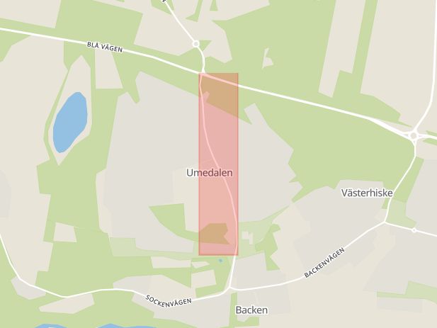 Karta som med röd fyrkant ramar in Umedalsallén, Umedalen, Umeå, Västerbottens län
