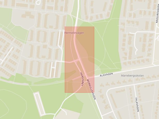 Karta som med röd fyrkant ramar in Mariedal, Hermelinvägen, Morkullevägen, Umeå, Västerbottens län