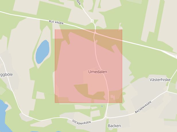 Karta som med röd fyrkant ramar in Umedalen, Umeå, Västerbottens län