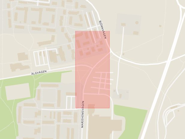 Karta som med röd fyrkant ramar in Mariehemsvägen, Älgvägen, Storgatan, Ålidbacken, Kolbäcksvägen, Carlslid, Ersboda, Umeå, Västerbottens län