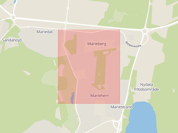 Karta som med röd fyrkant ramar in Idrottsvägen, Storgatan, Robertsfors, Morkullevägen, Umeå, Högsta, Västerbottens län