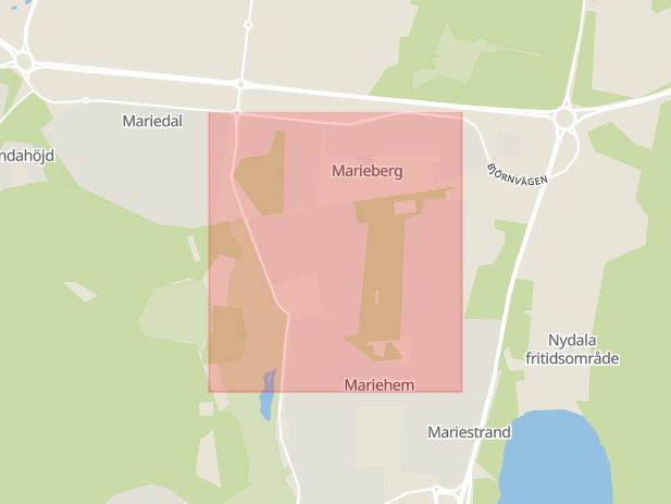 Karta som med röd fyrkant ramar in Mariehem, Morkullevägen, Umeå, Västerbottens län