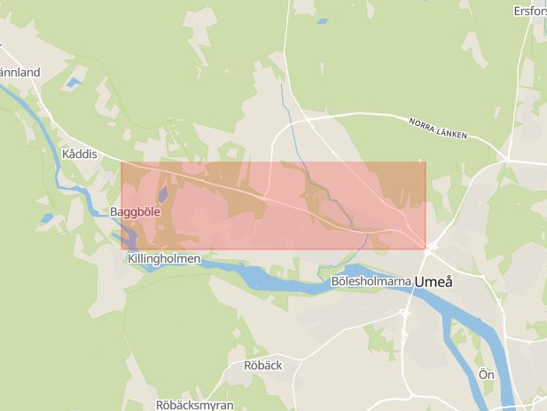Karta som med röd fyrkant ramar in Umeå, Kronoparken, Vännäs, Västerbottens län