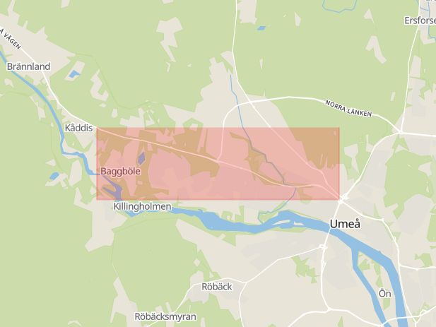 Karta som med röd fyrkant ramar in Vännäsvägen, Väst På Stan, Umeå, Västerbottens län
