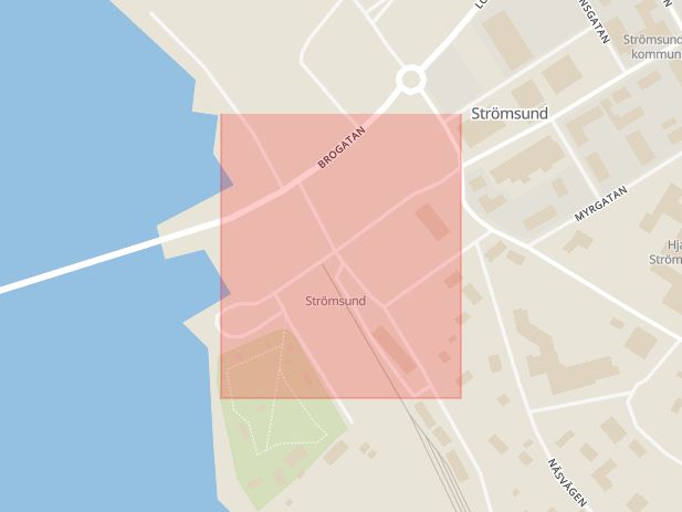 Karta som med röd fyrkant ramar in Kyrkgatan, Strömsund, Skatten, Jämtlands län