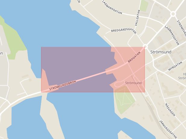 Karta som med röd fyrkant ramar in Brogatan, Strömsund, Jämtlands län