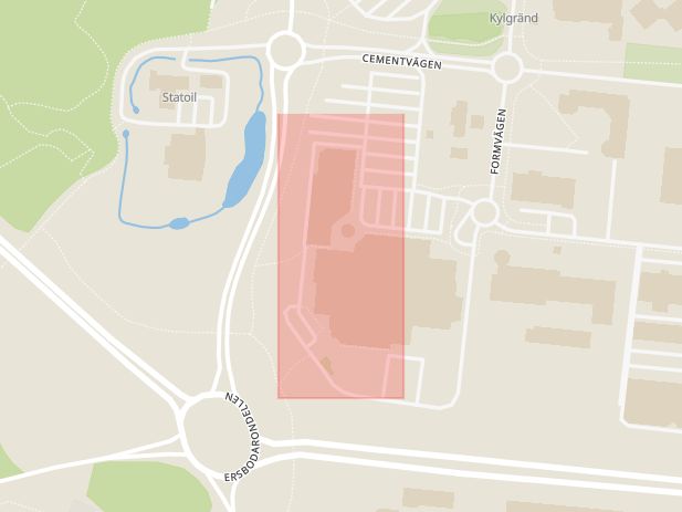 Karta som med röd fyrkant ramar in Strömpilsplatsen, Formvägen, Umeå, Västerbottens län