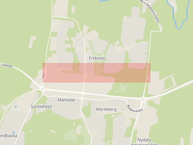 Karta som med röd fyrkant ramar in Ersboda, Cementvägen, Umeå, Västerbottens län