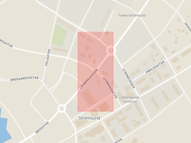Karta som med röd fyrkant ramar in Lagmansgatan, Lövbergavägen, Strömsund, Jämtlands län