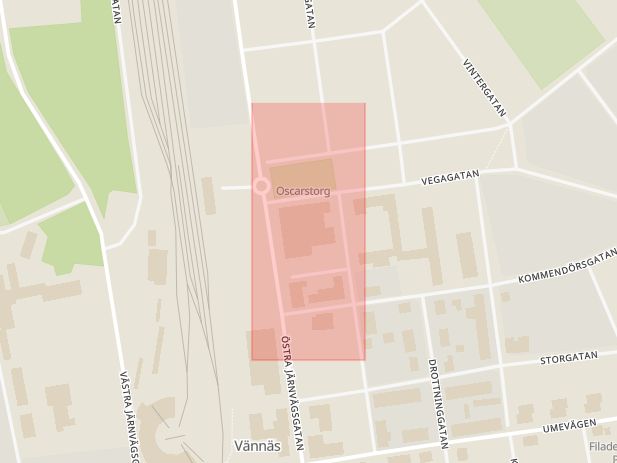 Karta som med röd fyrkant ramar in Östra Järnvägsgatan, Fritidsvägen, Vännäs, Västerbottens län