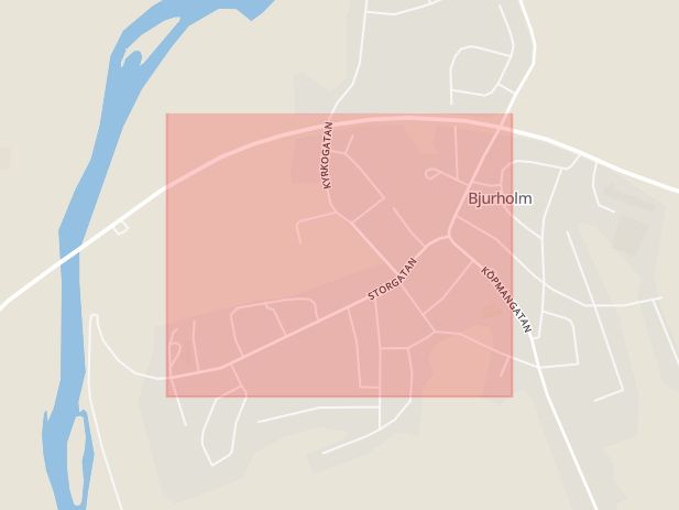 Karta som med röd fyrkant ramar in Storgatan, Bjurholm, Västerbottens län