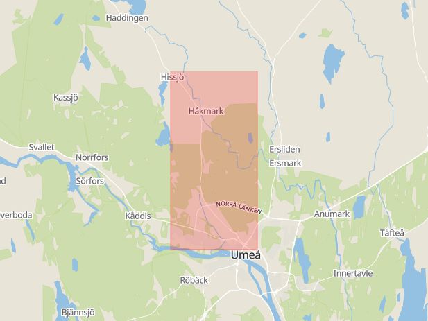 Karta som med röd fyrkant ramar in Haga, Hissjövägen, Umeå, Västerbottens län