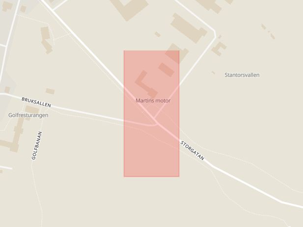 Karta som med röd fyrkant ramar in Idrottsvägen, Storgatan, Robertsfors, Västerbottens län