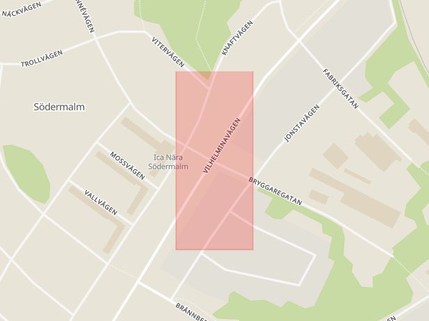 Karta som med röd fyrkant ramar in Bryggargatan, Vilhelminavägen, Lycksele, Västerbottens län