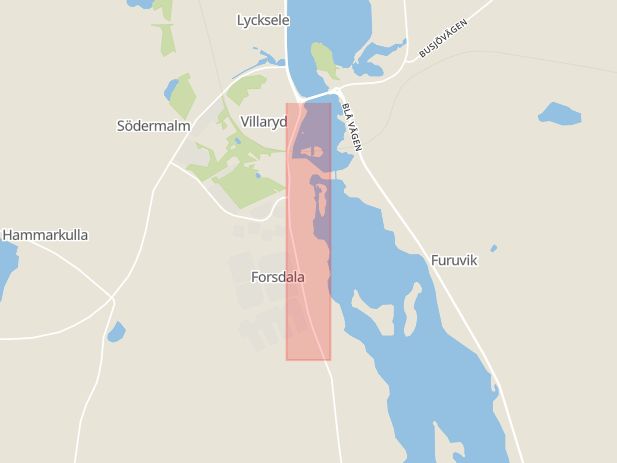 Karta som med röd fyrkant ramar in Hedlundavägen, Forsbacka, Lycksele, Västerbottens län