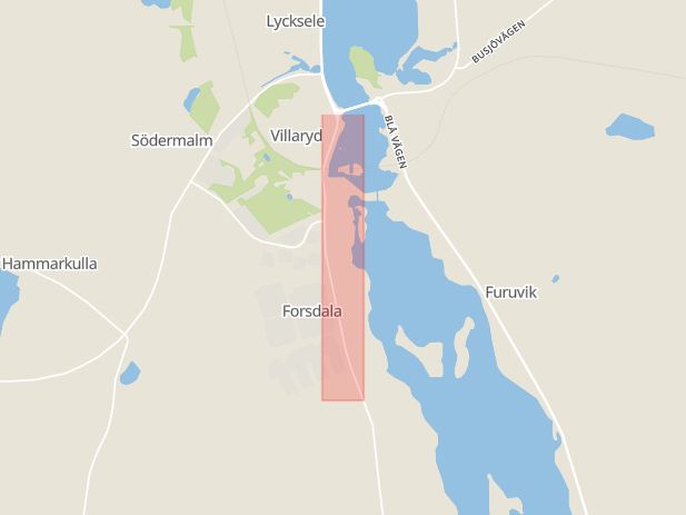 Karta som med röd fyrkant ramar in Hedlundavägen, Lycksele, Västerbottens län