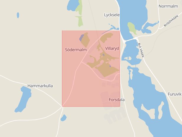 Karta som med röd fyrkant ramar in Vilhelminavägen, Lycksele, Västerbottens län