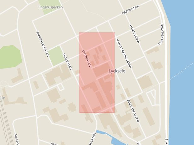 Karta som med röd fyrkant ramar in Jägmästargatan, Storgatan, Lycksele, Västerbottens län