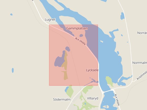 Karta som med röd fyrkant ramar in Bocksliden, Lycksele, Storgatan, Västerbottens län