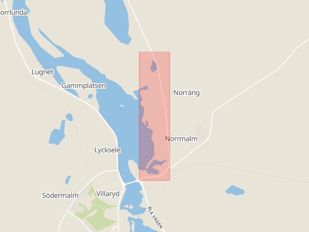Karta som med röd fyrkant ramar in Sorselevägen, Lycksele, Västerbottens län