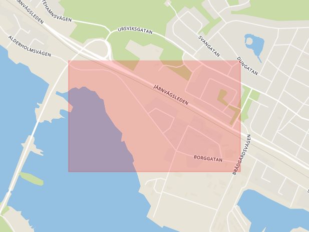 Karta som med röd fyrkant ramar in Borggatan, Skelleftehamn, Grenvägen, Verkstadsgatan, Södra Kustvägen, Bureå, Kroksjön, Skellefteå, Västerbottens län