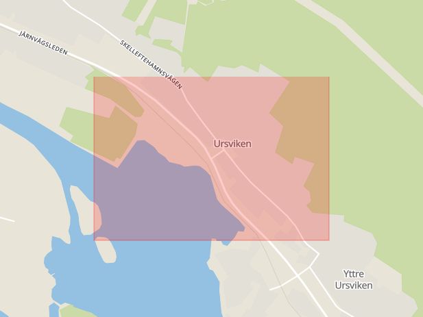 Karta som med röd fyrkant ramar in Ursviken, Universitetsområdet, Västerbottens län