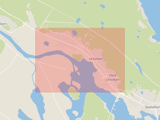 Karta som med röd fyrkant ramar in Skelleftehamnsvägen, Ursviken, Skellefteå, Västerbottens län